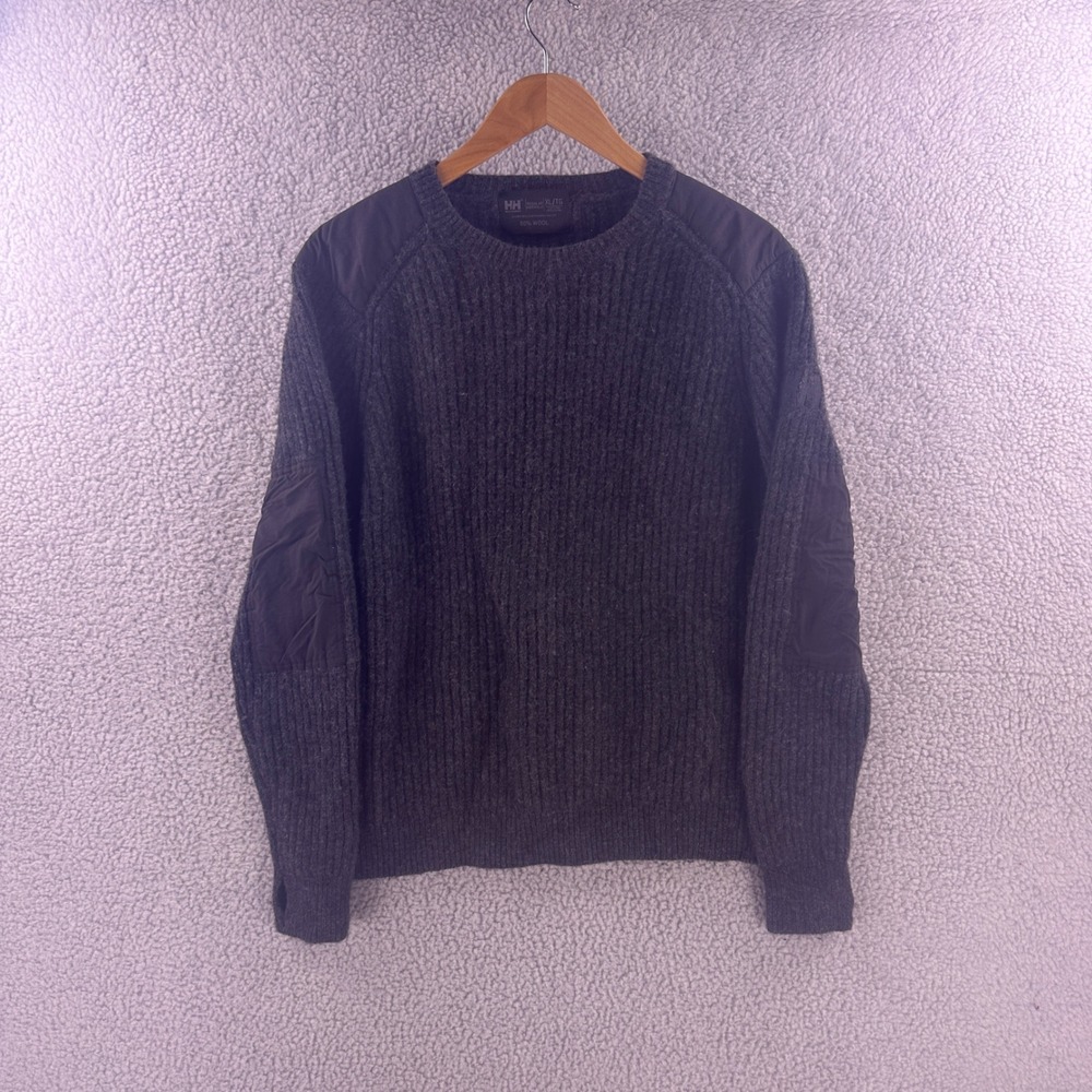 Helly Hansen Mens XL Wool Blend Ribbed Sweater Charcoal Gray Elbow Patch 9657